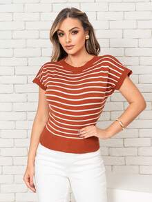 Women's Modal Knitted Blouse Striped Batwing Sleeve Round Neck T-Shirt Summer Fashion - màu nâu - Xem 7