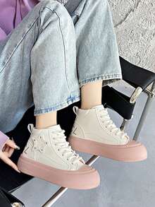 2023 年新款厚底白色女式运动鞋，厚底高帮休闲鞋，人造皮革和保暖内衬，秋冬 - 粉色 - 查看 3