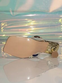 Stilvolle hochhackige Sandaletten in Goldfarbe mit Spitze, Juwel Slide Mule Absätze