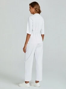 cimmuovere Short Sleeve Lab Surgery Scrubs Nurse Uniform  Clinic Beauty Salon Veterinary Surgeon Workwear Set With Cinching Waist & Pockets