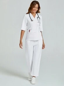 cimmuovere Short Sleeve Lab Surgery Scrubs Nurse Uniform  Clinic Beauty Salon Veterinary Surgeon Workwear Set With Cinching Waist & Pockets