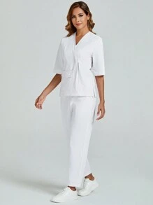 cimmuovere Short Sleeve Lab Surgery Scrubs Nurse Uniform  Clinic Beauty Salon Veterinary Surgeon Workwear Set With Cinching Waist & Pockets