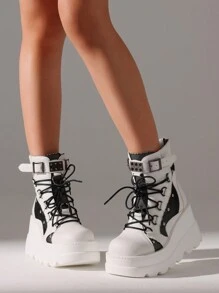 Stunning Goth Chic Platform Ankle Boots Chunky High Heel, Round Toe, Lace Up, Combat Style, Motorcycle Wedges For Women - 白色 - 查看 3