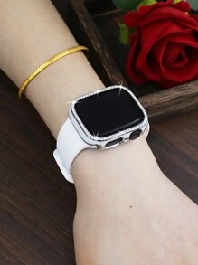 Tương thích với bộ dây đeo và vỏ đồng hồ kết hợp thời trang, thể thao, mềm mại và thoải mái, khóa đinh tán, dây đeo silicon + vỏ máy tính chống rơi và chống xước đính kim cương sáng bóng có kính cường lực tích hợp, vỏ tương thích với Apple Watch 38/40/41/42/44/45/46/49mm, dây đeo thay thế, tương thích với Apple Watch Series Ultra/11/10/9/8/7/6/5/4/3/Se, vỏ dây đeo dành cho nữ - trắng - Xem 2