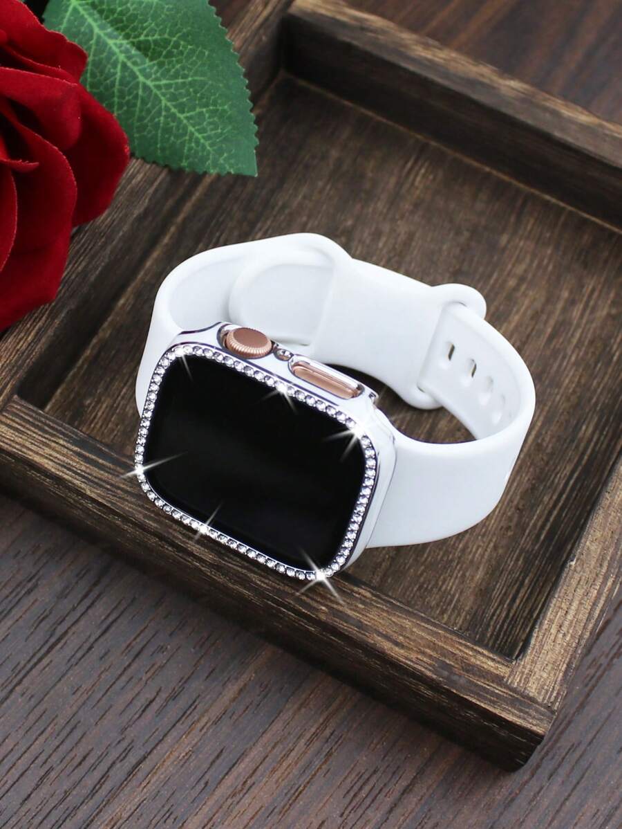 Tương thích với bộ dây đeo và vỏ đồng hồ kết hợp thời trang, thể thao, mềm mại và thoải mái, khóa đinh tán, dây đeo silicon + vỏ máy tính chống rơi và chống xước đính kim cương sáng bóng có kính cường lực tích hợp, vỏ tương thích với Apple Watch 38/40/41/42/44/45/46/49mm, dây đeo thay thế, tương thích với Apple Watch Series Ultra/11/10/9/8/7/6/5/4/3/Se, vỏ dây đeo dành cho nữ - trắng - Xem 1