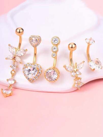 5pcs Fashion Cubic Zirconia Decor Butterfly Shaped Belly Button Rings, Heart Shaped Dangle Navel Piercing Jewelry Suitable For Women, Daily Wear And Festival Gifts