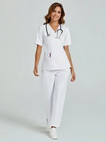 cimmuovere V-Neck Short Sleeve Tie-Back White Lab Coat Nurse Uniform Dental Clinic Pet Hospital Work Uniform Scrub Set With Pockets (Top And Pants)