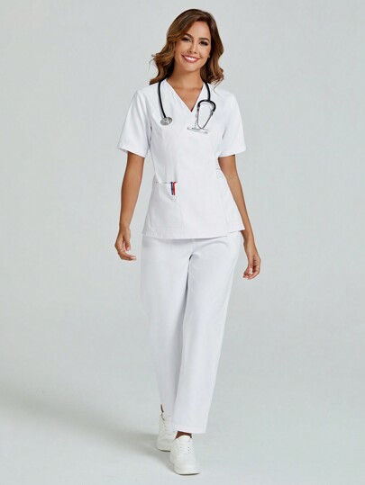 cimmuovere V-Neck Short Sleeve Tie-Back White Lab Coat Nurse Uniform Dental Clinic Pet Hospital Work Uniform Scrub Set With Pockets (Top And Pants)