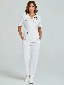 cimmuovere V-Neck Short Sleeve Tie-Back White Lab Coat Nurse Uniform Dental Clinic Pet Hospital Work Uniform Scrub Set With Pockets (Top And Pants)