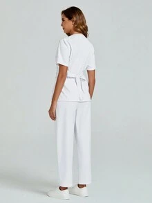 cimmuovere V-Neck Short Sleeve Tie-Back White Lab Coat Nurse Uniform Dental Clinic Pet Hospital Work Uniform Scrub Set With Pockets (Top And Pants)