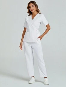 cimmuovere V-Neck Short Sleeve Tie-Back White Lab Coat Nurse Uniform Dental Clinic Pet Hospital Work Uniform Scrub Set With Pockets (Top And Pants)