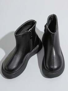 儿童皮靴，保暖秋冬款，女童和男童短靴，软底婴儿/学生鞋 - 黑色 - 查看 6