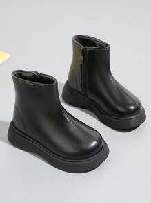 儿童皮靴，保暖秋冬款，女童和男童短靴，软底婴儿/学生鞋 - 黑色 - 查看 1