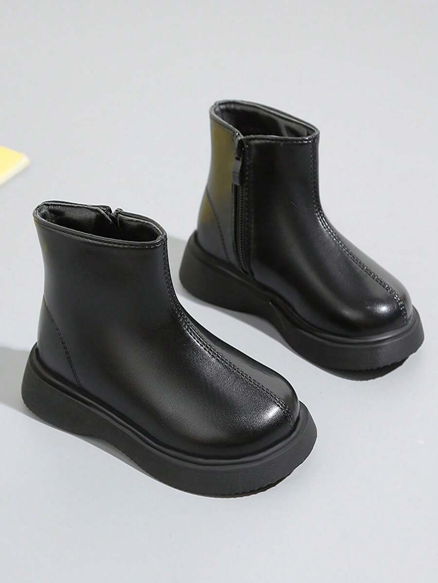 儿童皮靴，保暖秋冬款，女童和男童短靴，软底婴儿/学生鞋 - 黑色 - 查看 1