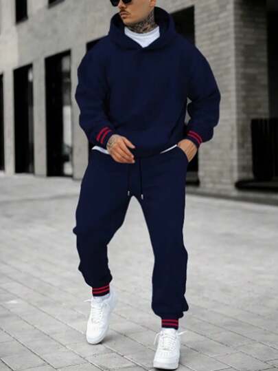 Men's Contrast Color Cuff Hooded Sweatshirt And Pants Set