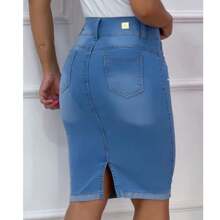 Beautiful Secretary Style Jeans Skirt With Lycra - 淺色水洗藍 - 查看 3