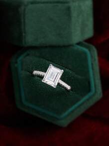 AIHUASI 1 件 925 纯银女士订婚戒指 7*9 毫米 2.7 克拉祖母绿切割光环方晶锆石闪亮婚礼精美珠宝情人节礼物 - 銀色 - 查看 6