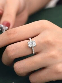 AIHUASI 1 件 925 纯银女士订婚戒指 7*9 毫米 2.7 克拉祖母绿切割光环方晶锆石闪亮婚礼精美珠宝情人节礼物 - 銀色 - 查看 3