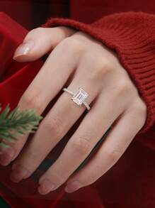 AIHUASI 1 件 925 纯银女士订婚戒指 7*9 毫米 2.7 克拉祖母绿切割光环方晶锆石闪亮婚礼精美珠宝情人节礼物 - 銀色 - 查看 7