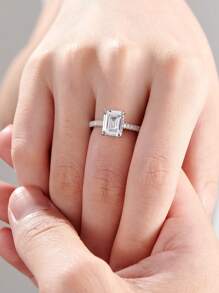 AIHUASI 1 件 925 纯银女士订婚戒指 7*9 毫米 2.7 克拉祖母绿切割光环方晶锆石闪亮婚礼精美珠宝情人节礼物 - 銀色 - 查看 9