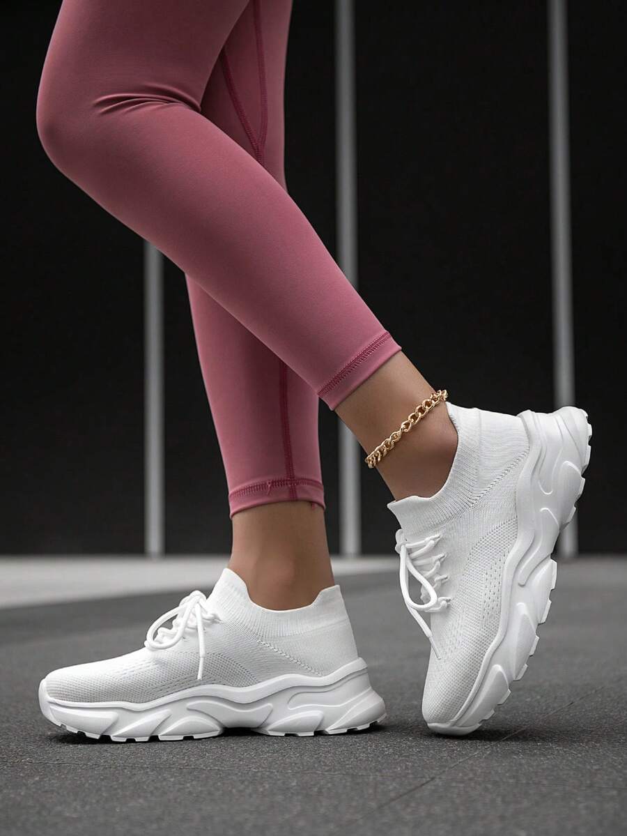 Women's Sports Knit Breathable Lightweight Thick Sole Casual Sneakers, Fashion Classic Daily Versatile Slip-On Outdoor Comfortable Running Shoes - White - View 1