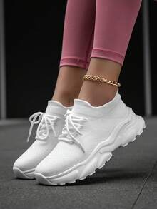 Women's Sports Knit Breathable Lightweight Thick Sole Casual Sneakers, Fashion Classic Daily Versatile Slip-On Outdoor Comfortable Running Shoes - White - View 8