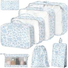 Packing Cubes For Suitcases,Packing Cubes With Shoe Bag, Cosmetics Bag, Clothing Bag, Accessories Bags Packing Cubes For Travel Luggage Organizer Women Men - 8 Bộ Hoa Xanh - Xem 1