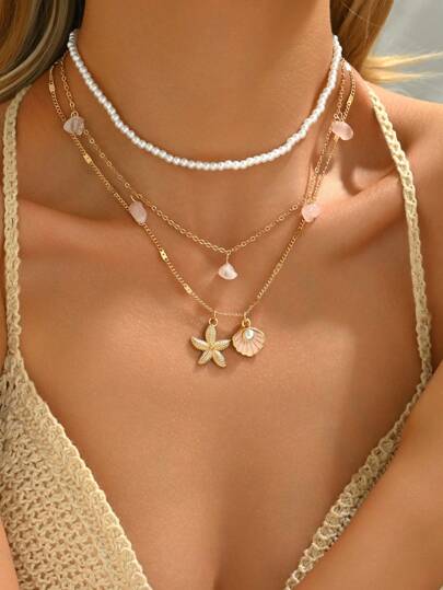 3pcs/Set Faux Pearl, Tassel, Chips Stone, Seashell Pendant Necklace With Bead Accent Layered Choker For Women, Summer Beach Wear