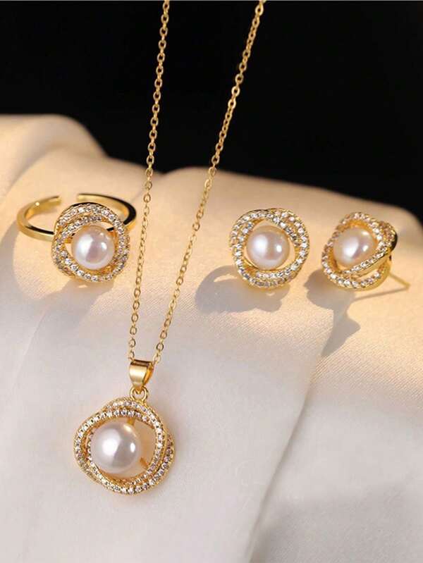 Juego de 3 piezas de joyería de perlas - collar, colgante, pendientes, anillo, adecuado para uso diario de mujeres o regalos
