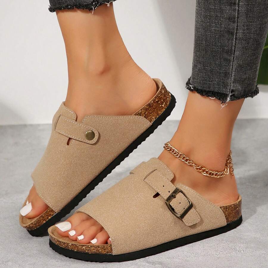 Women's Platform Suede Sandals For Women Soft Cork Footbed Summer Slides With Adjustable Buckle