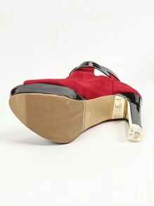 女式红色绒面高跟坡跟厚底露趾短靴 - 紅色 - 查看 8