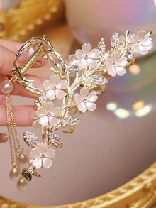 1 件茉莉花水钻珍珠流苏发夹，优雅仿珍珠流苏发夹，简约优雅的金属发夹，女士防滑马尾夹，简约优雅的金属发饰，金属爪设计，适合女性和女孩配饰 - 金色 - 查看 6