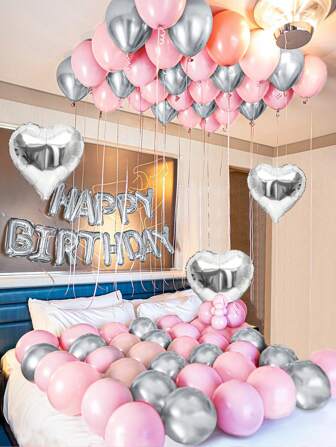 47st rosa födelsedagsfestset, silverhjärtfolieballonger, silverballongbanner för grattis på födelsedagen för återanvändbar födelsedagsfestdekor