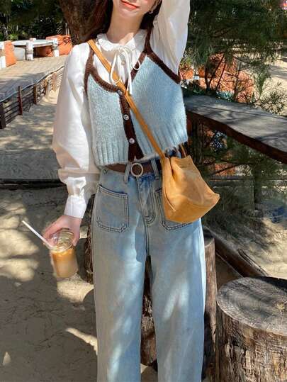 Cardigan feminino com design de cor contrastante e blusa regata