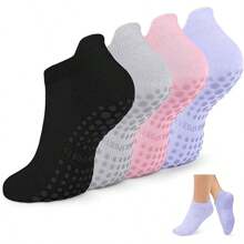 4 Pairs,Non Slip Pilates Socks With Grips For Women, Grip Socks For Yoga Barefoot Workout Anti Skid Athletic Socks Ballet