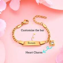 Rhinestone Charm Baby Bracelet Customized Stainless Steel Name Cute White Cubic Zirconia For Kids & Girl, Birthday Gift