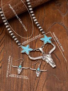 3 Pcs Blue Turquoise Stone Decor Highland Cow Cattle Head Pendant Necklace Earring Jewelry Set For Women Turquoise Jewelry