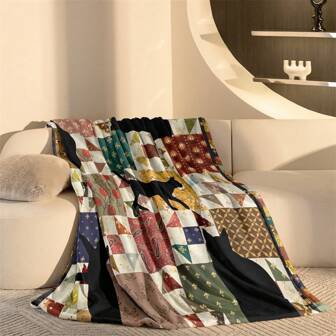 1 st flanell patchwork kattmönster rutigt filt, Soft Touch Mysig soffa, mångsidig tupplur filt