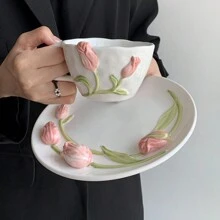郁金香陶瓷甜点/早餐盘，复古法式蛋糕/小吃餐盘，适合家庭圣诞礼物 - 彩色 - 查看 12