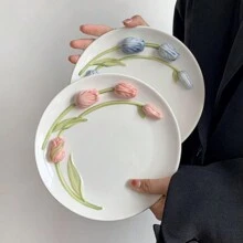 郁金香陶瓷甜点/早餐盘，复古法式蛋糕/小吃餐盘，适合家庭圣诞礼物 - 彩色 - 查看 8