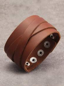 1件极简合金花朵铆钉皮革手链，朋克风格男女通用可调节手镯 - 黑色 - 查看 5