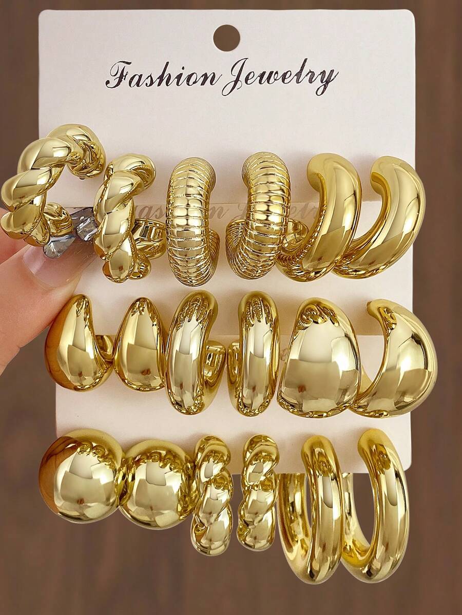 Bộ 18 chiếc/Bộ Hoa tai hình giọt nước kim loại sang trọng cổ điển hình chữ C lò xo bi hình học bất đối xứng, Bộ hoa tai thanh lịch dành cho phụ nữ, Thích hợp để đeo hàng ngày - Vàng - Xem 1