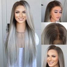 13x6 Highlight Lace Front Wig Ash Blonde Grey Synthetic Hair Pre Plucked For Women 24 Inches Glueless Long Bone Straight Highlight Blonde Lace Frontal Wigs - Highlight Ash Blonde Grey - View 4