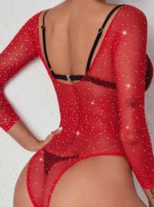 1PC Sexy Lingerie Christmas Rhinestone Bodysuit Hollow Out Bodystocking Without Underwear Valentine's Day