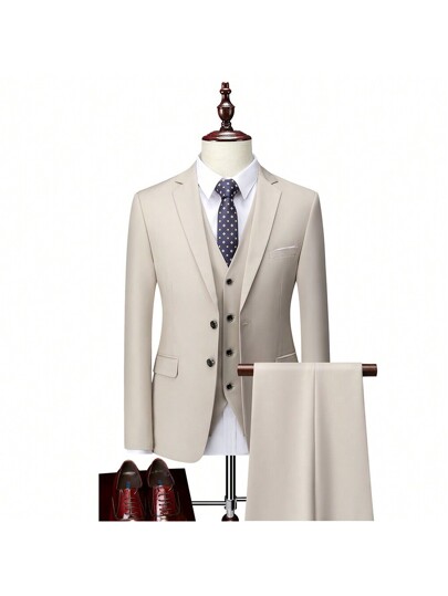 Manfinity Bizformal Men's Solid Casual Lapel Neck Blazer & Slant Pocket Pants Suit Set