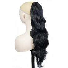 24in Black Synthetic Hair Extension, Women's Long Wavy Ponytail With Drawstring & Hair Clip, Daily Use - Black - View 4
