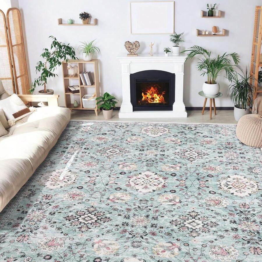 8x10 Area Rugs Washable Boho Rug, Non Slip Carpet For Living Room, Bedroom, Kitchen, Soft Low-Pile Rug, Turquoise Green/Floral - 綠松石綠/花朵 - 查看 1