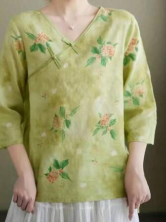 女士艺术花卉印花唐装短袖上衣，夏季