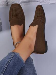 女士针织平底乐福鞋方头舒适透气休闲妈妈鞋，春秋季 - 棕色 - 查看 3