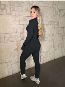 Virginia Ribbed Jumpsuit Tricot Modal With Zipper On The Front Great Quality Women's Jumpsuit Long Sleeve Fashion Style - Hitam - View 2